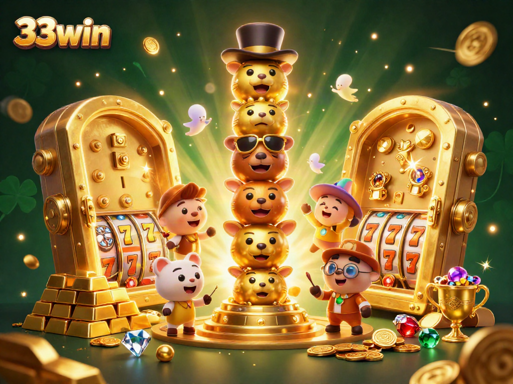 Experience thrilling casino fun with 33win's vibrant totem pole surrounded by riches and slot reels.