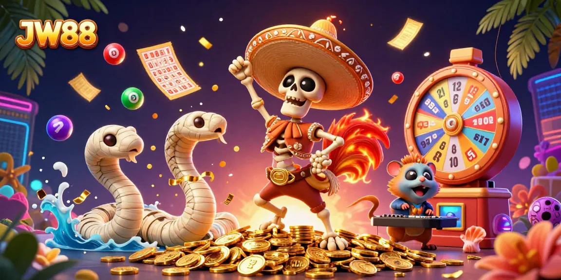 JW88 features an energetic victory dance scene with colorful lottery elements and dynamic game action.