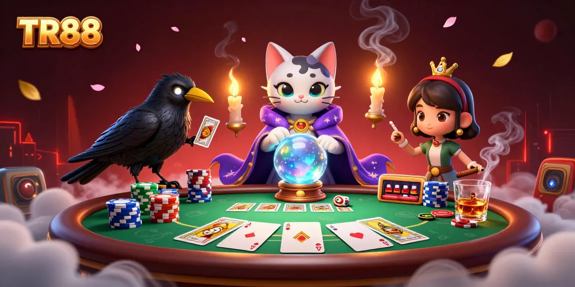 Engage in thrilling gameplay at TR88 with 3D characters including a mystical cat, raven, and vibrant gambling elements