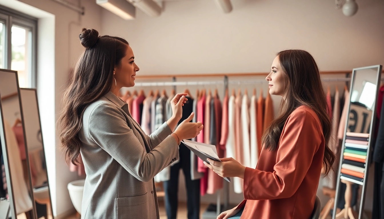 Consulenza d'immagine: consulente che aiuta un cliente a migliorare il proprio stile con elementi di moda.
