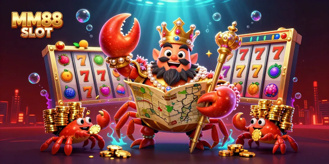 Play and win big with MM88 SLOT featuring an emperor crab surrounded by colorful slot elements.