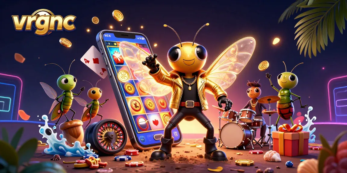 Spin the reels with vrgnc and enjoy vibrant 3D gaming elements, featuring a rock star cicada in a lively casino scene.