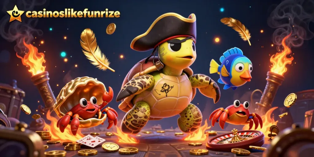 Engage with casinoslikefunrize through a vibrant 3D illustration featuring playful characters in a casino setting.