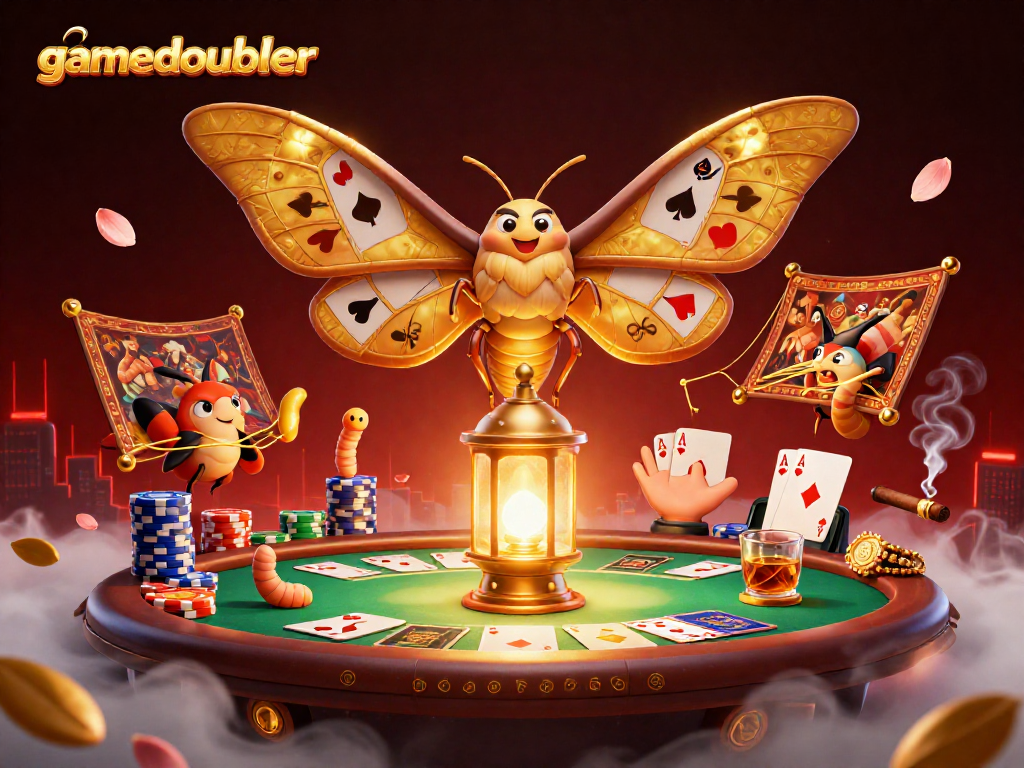 Engage with gamedoubler's vibrant gaming world: a majestic moth and poker scene.