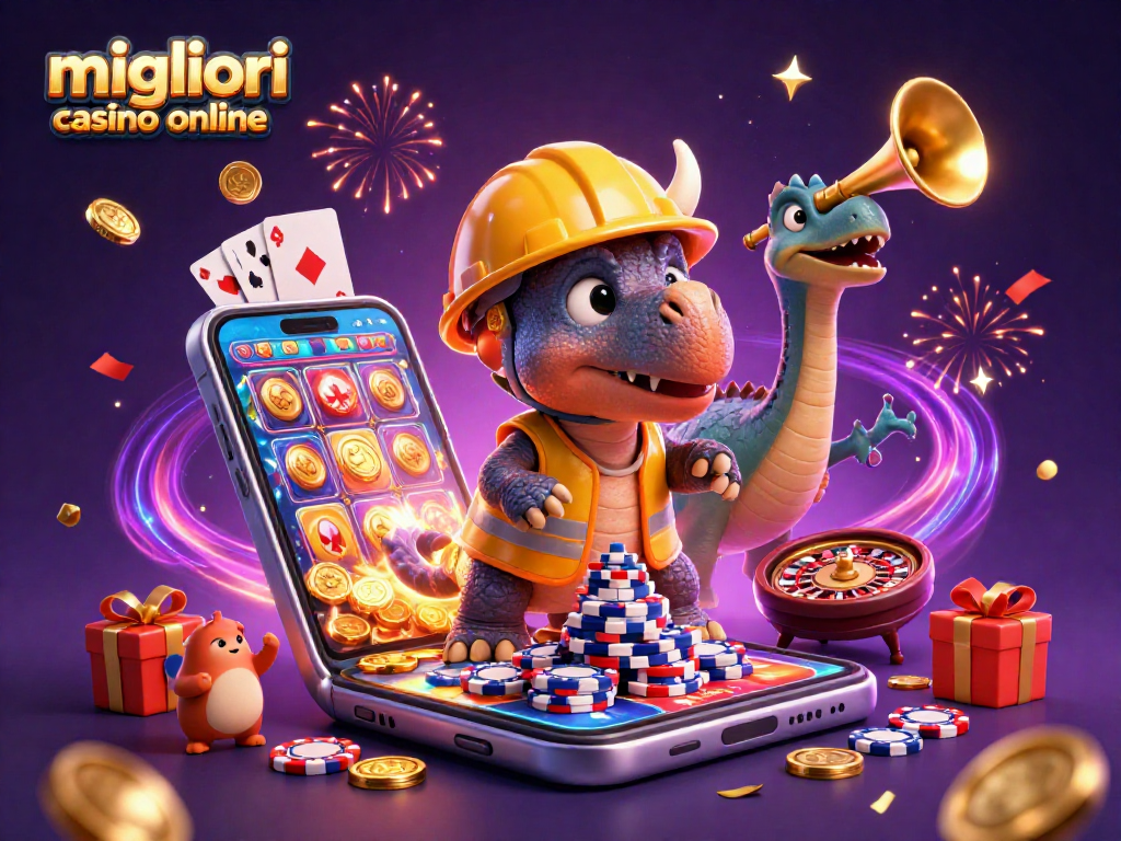 Costruisci con i migliori casino online: un triceratopo celebra tra gettoni e giochi.
