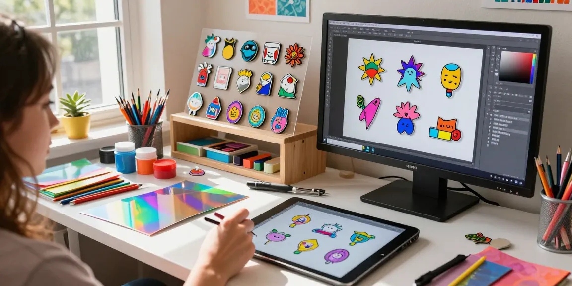 Custom acrylic pins being designed in a vibrant craft studio with holographic materials and art supplies.
