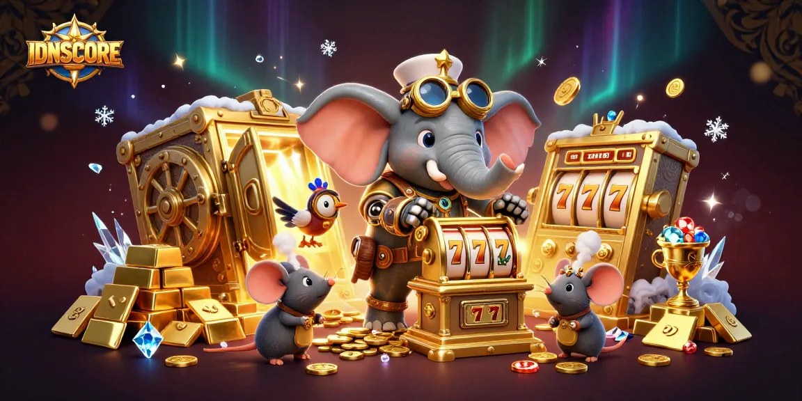 Spin the IDNSCORE slot machine with a whimsical steampunk elephant engineer as treasures burst from a golden vault.