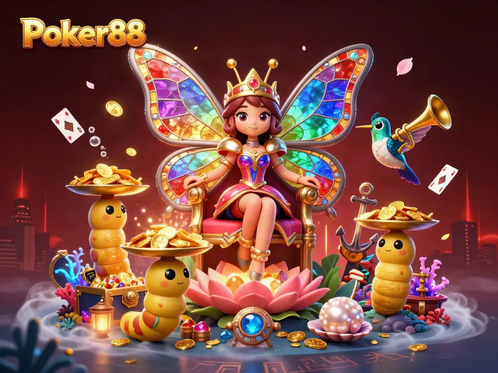 Experience vibrant gaming with Poker88 featuring casino elements and dynamic characters in a fantasy scene.