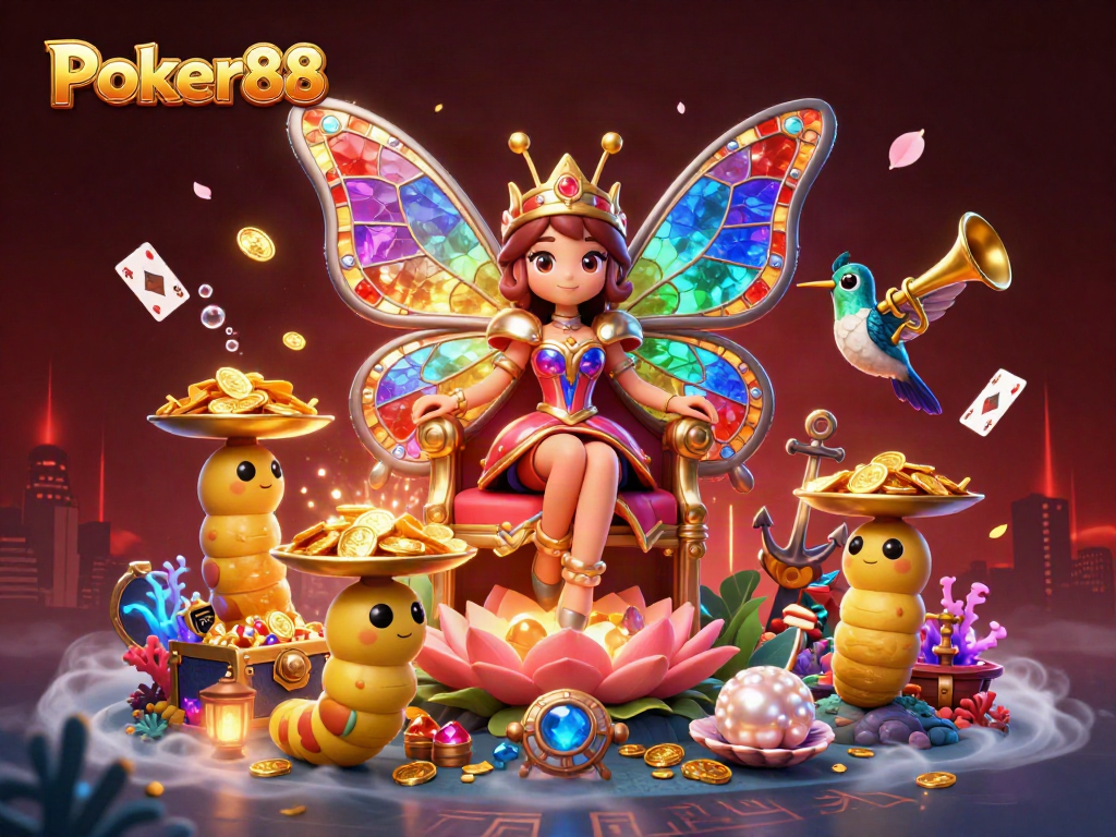 Experience vibrant gaming with Poker88 featuring casino elements and dynamic characters in a fantasy scene.