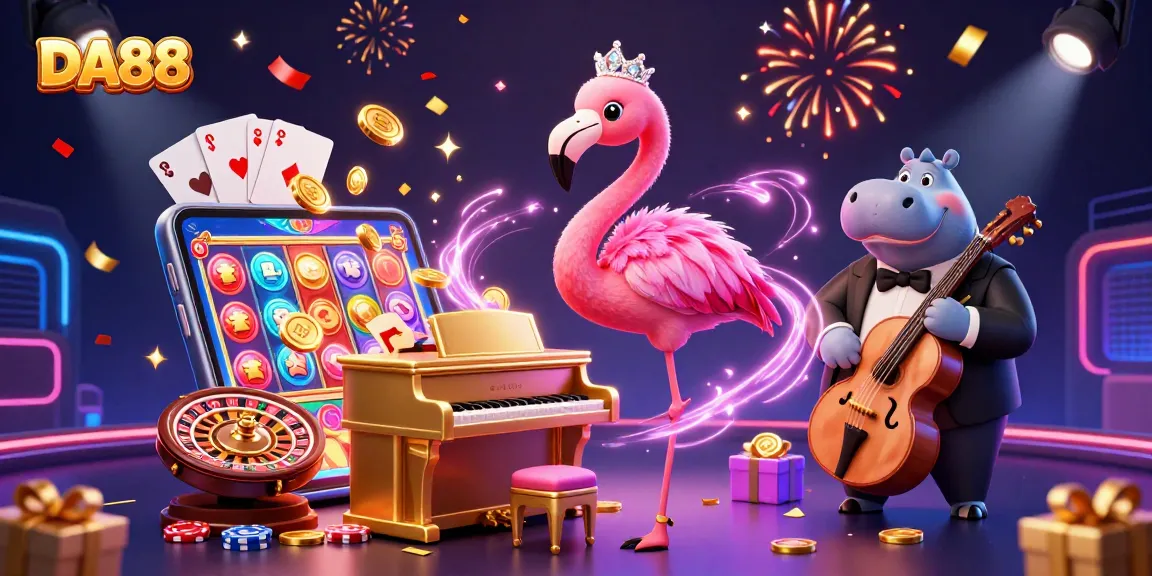 DA88 showcases a colorful casino scene with a flamboyant flamingo singer and hippo bassist