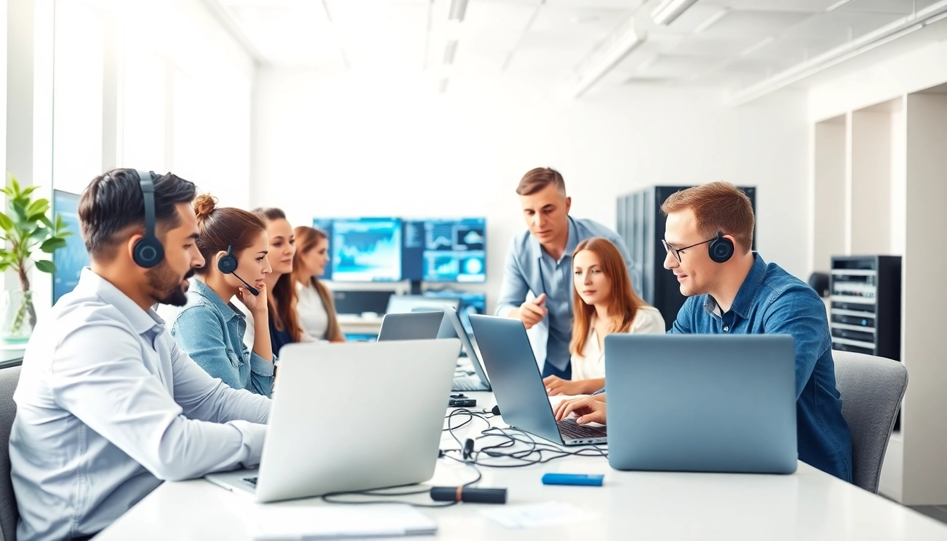 Engaging small business IT support team collaborating in a modern office setting.