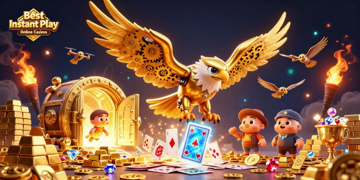 Play at the Best Instant Play Online Casinos featuring a golden eagle amidst a cascade of colorful playing cards.