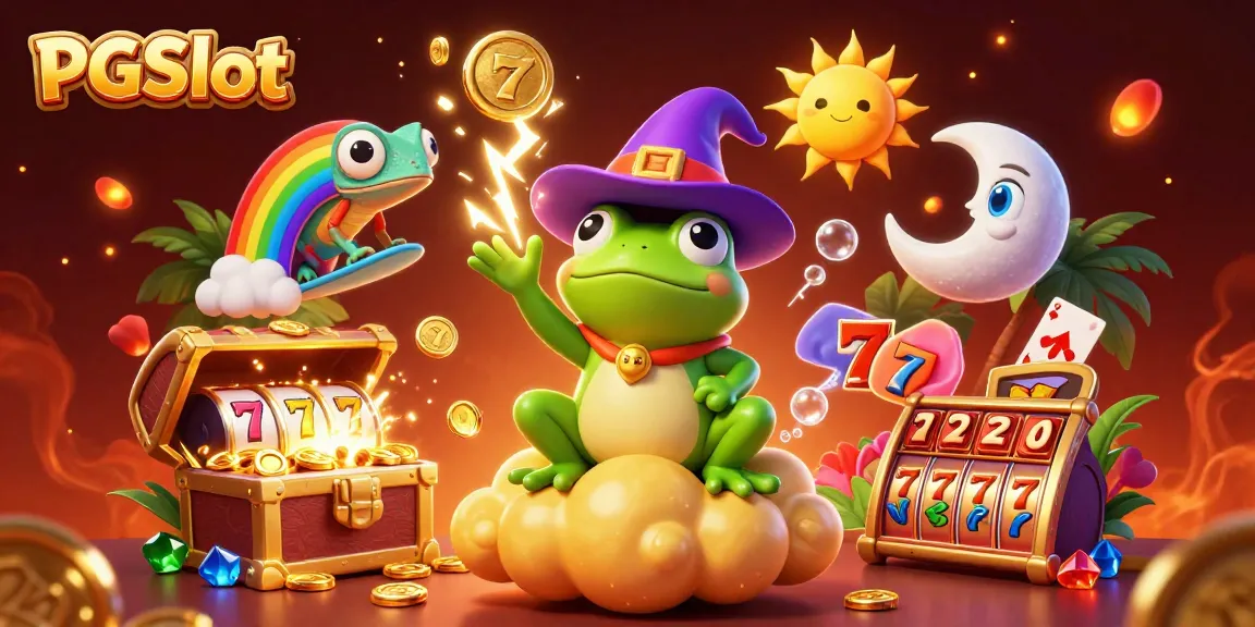 Experience PGSlot magic with a wizard frog and chameleon in a vibrant casino-themed scene.