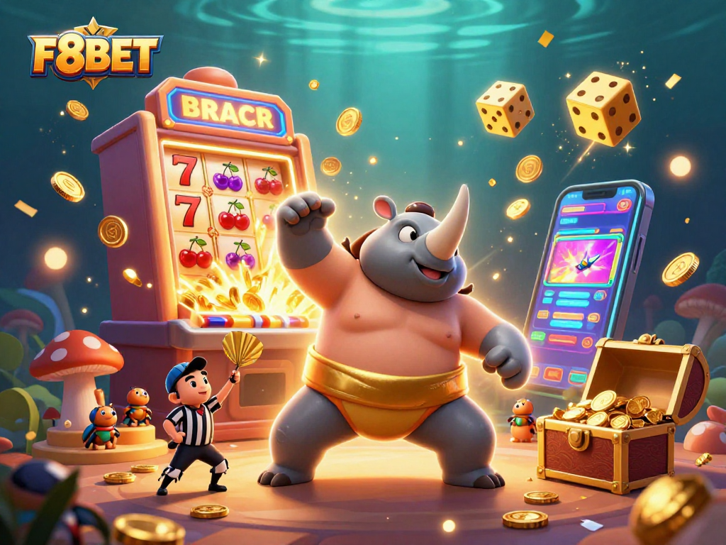 Engage with thrilling casino games at F8BET as the sumo beetle champion celebrates a jackpot explosion.