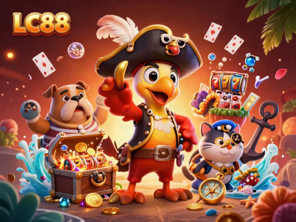 Experience exciting wins at LC88 with vibrant 3D casino games featuring spinning slot reels and treasures.