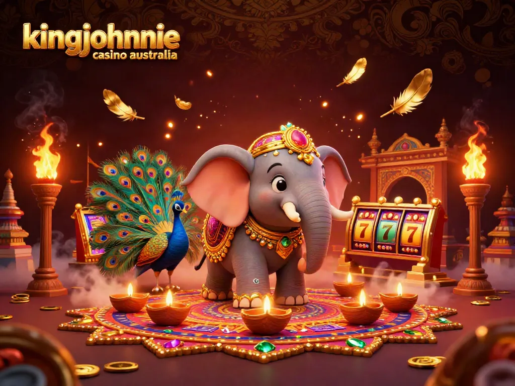 Experience the thrill of kingjohnnie casino australia with a vibrant 3D illustration featuring a Diwali-themed elephant and a peacock.
