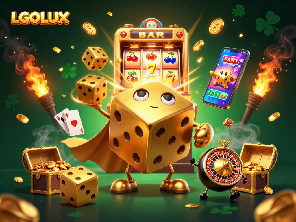 Experience the thrilling wins at LGOLUX with a dynamic scene of a golden dice golem amidst vibrant casino action.