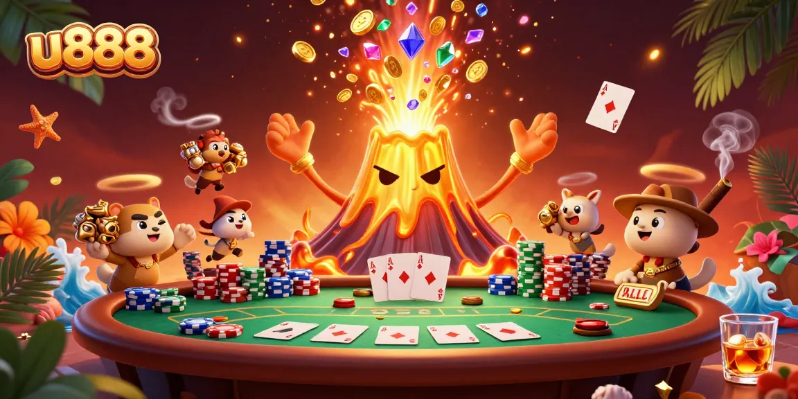 Win big at u888 with a vibrant 3D casino scene featuring animated golden volcano and poker elements.