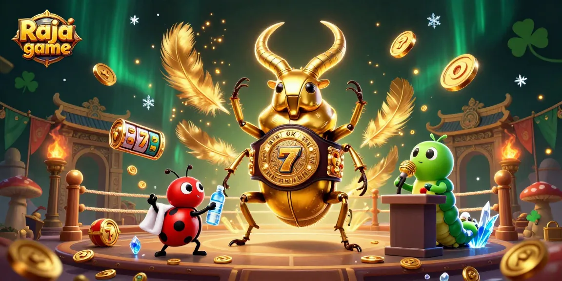 Experience the excitement of Raja game with thrilling golden stag beetles battling in a dynamic casino scene.