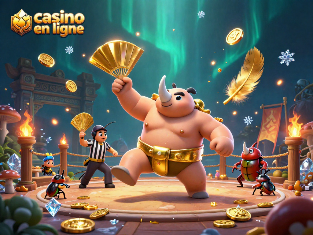 Jouez au casino en ligne avec ce champion scarabée, entouré de pièces d'or scintillantes et de spectateurs fascinés.