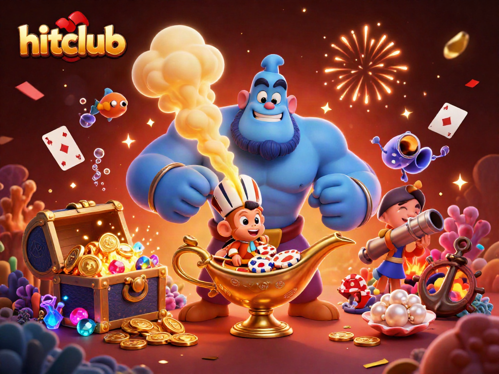 Experience excitement at hitclub with a genie granting poker chips and a magical gaming scene.