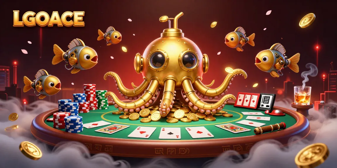 LGOACE showcases a vibrant casino scene featuring a golden kraken submarine among poker elements.