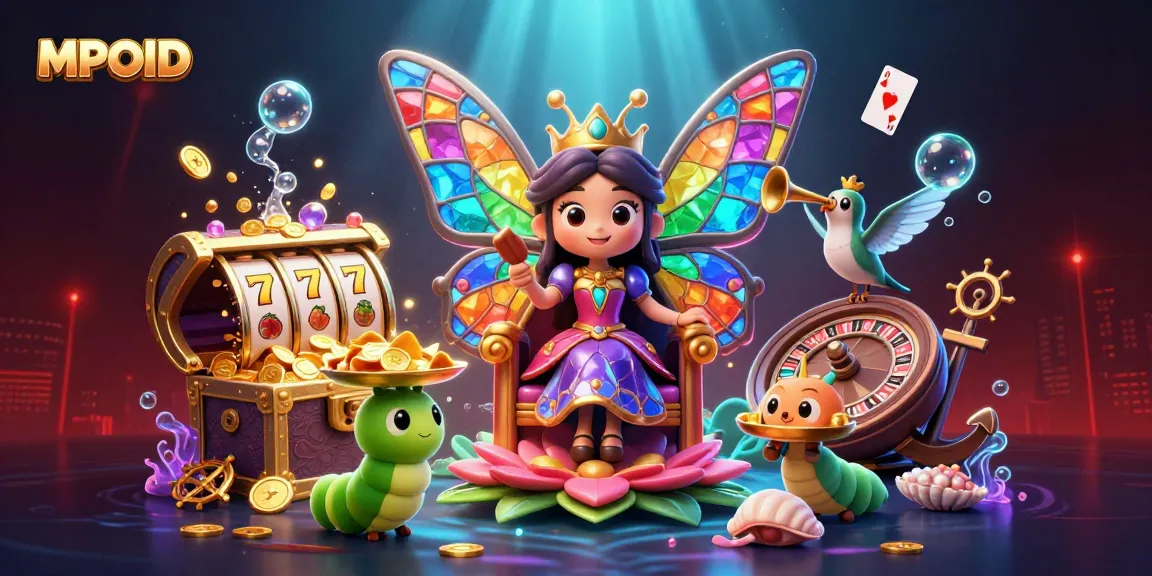 Spin to win with MPOID as the butterfly queen presides over a vibrant casino realm of slot reels, treasure, and excitement.