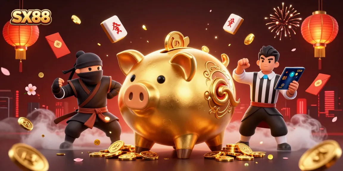 SX88 promotional illustration featuring a golden piggy bank sumo wrestler amidst floating casino elements, symbolizing winning strategies.