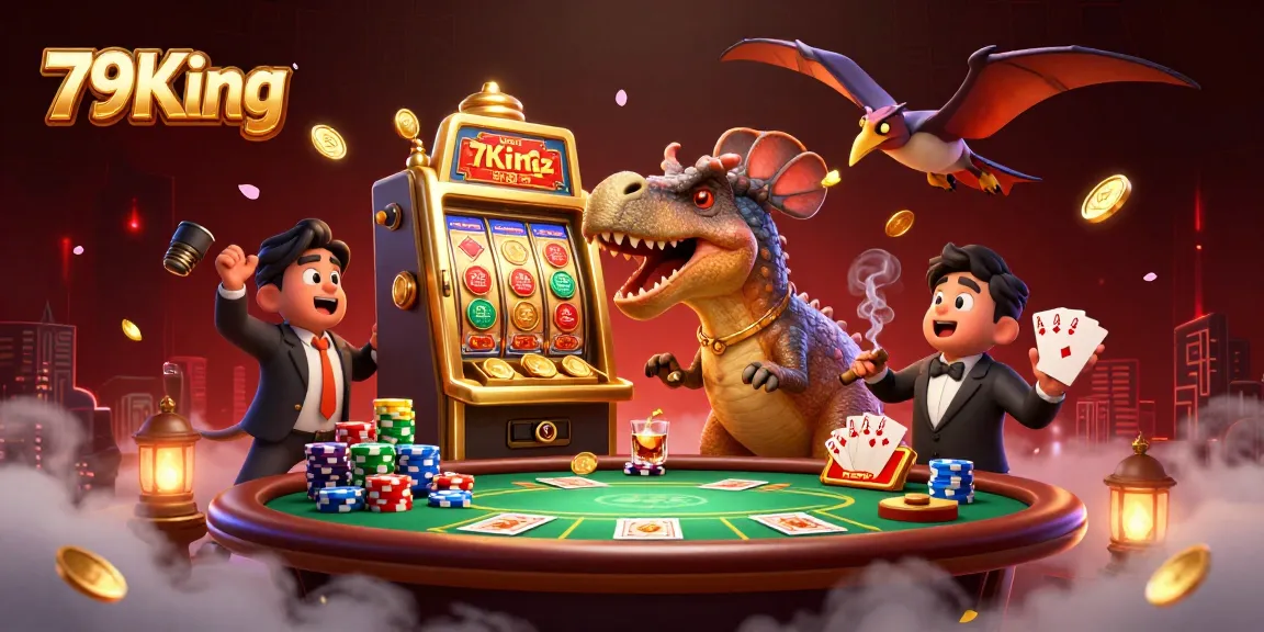 79King casino scene featuring a dinosaur and manager amidst jackpot excitement with flying coins.