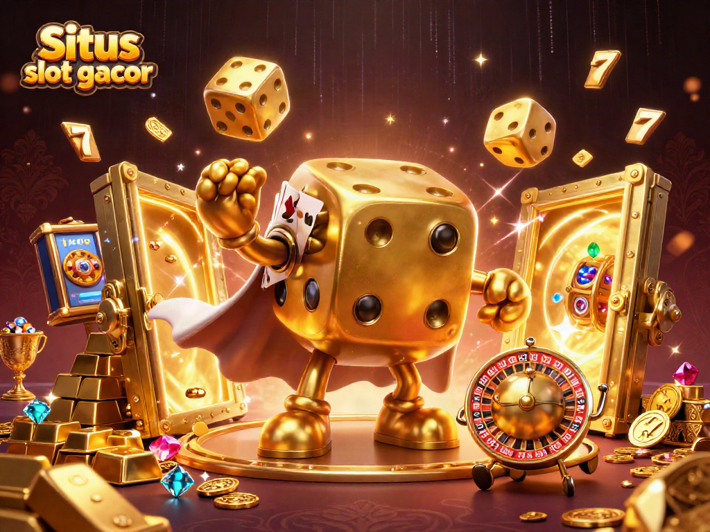 Immerse in Situs slot gacor, featuring golden dice gоlem and vibrant gaming elements in a casino setting.