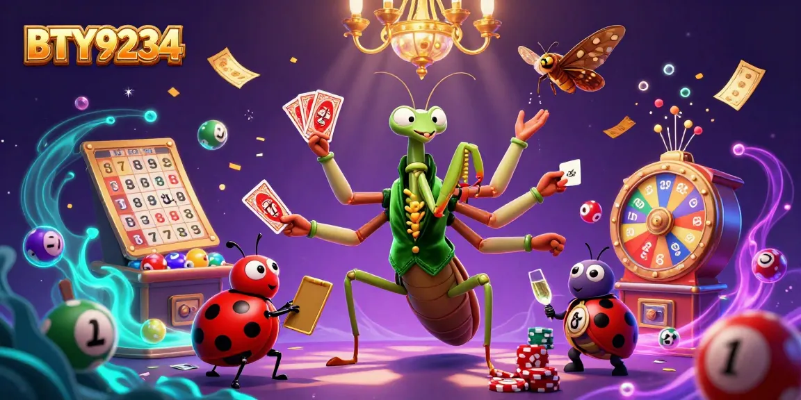 Experience the thrilling atmosphere of BTY9234 with vibrant lottery balls and characters in a lively casino scene.