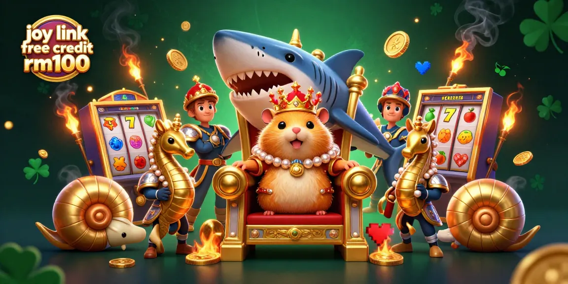 Engage with joy link free credit rm100 on a vibrant 3D cartoon casino scene featuring characters and slot elements.