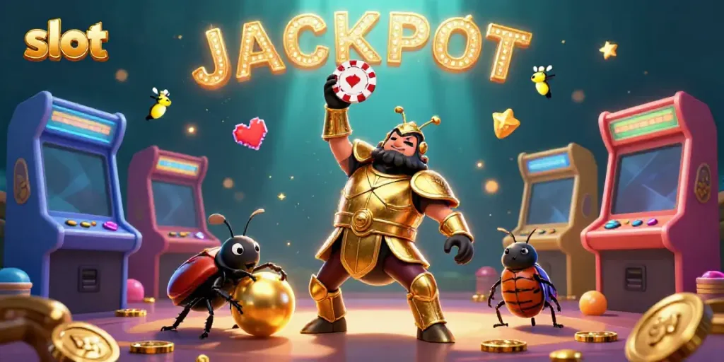 Slot menampilkan kejuaraan dengan karakter unta hercules dalam armor emas, chip poker, dan cahaya jackpot