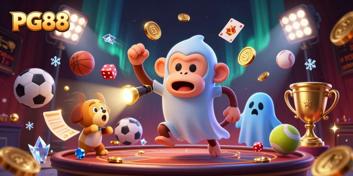 Experience PG88’s thrilling casino environment with a ghost-hunter puppy chasing a poltergeist monkey.