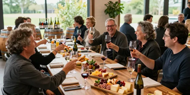 Dynamic wine tasting at avpwinecollective.com with guests enjoying local wines and gourmet cheese.