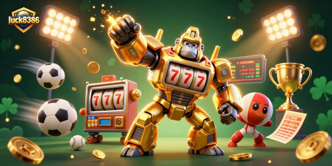 Experience the excitement of luck8386 with a spectacular 3D gaming illustration showcasing dynamic sports elements and vibrant casino action.