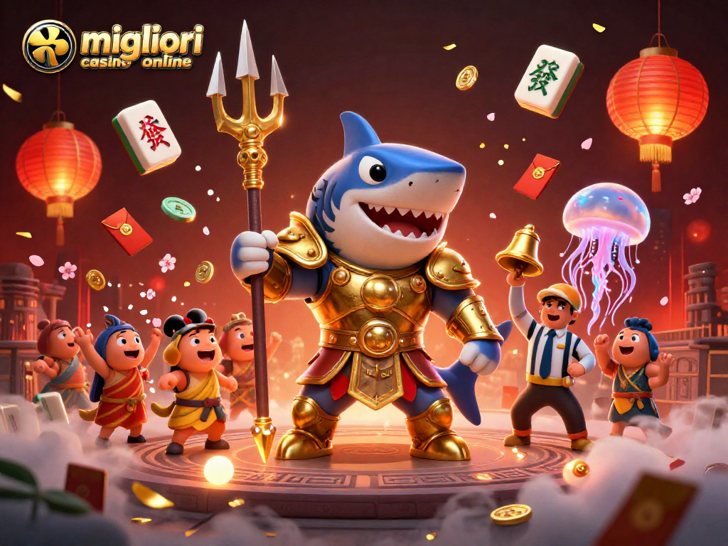 Scopri i migliori casino online con un'immagine vivace di un squalo tigre in armatura, trionfante in un'arena sottomarina.