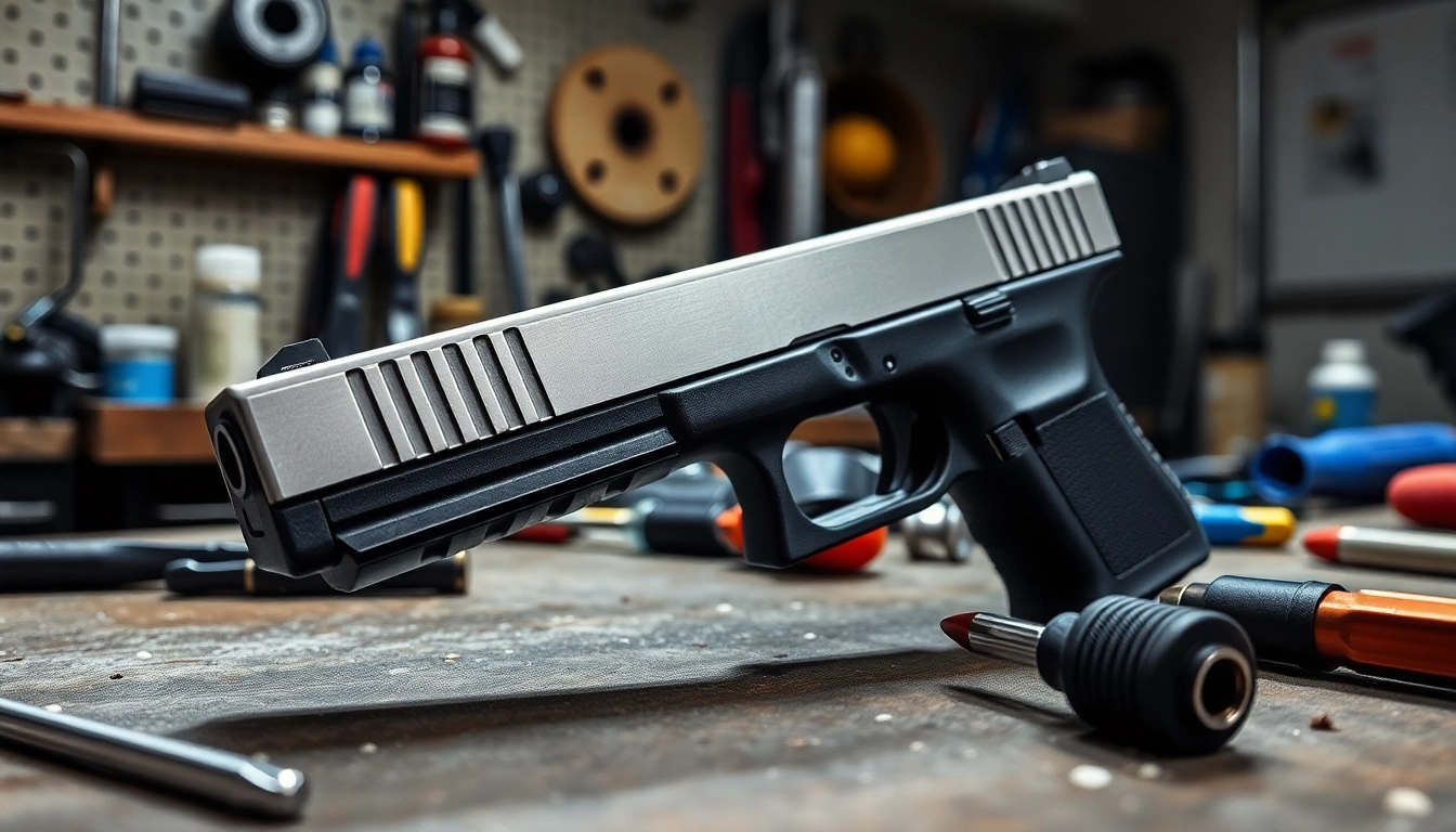 Explore glock 17 slide for sale showcasing precision craftsmanship in a workshop setting.