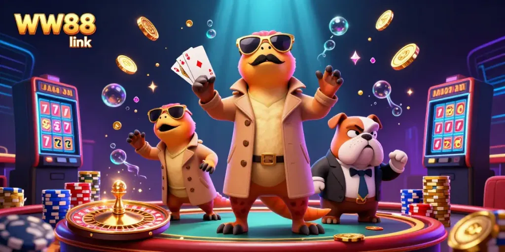 Experience the thrilling WW88 link as cartoon raptors sneak into a VIP casino lounge, surrounded by shimmering gems and golden coins.