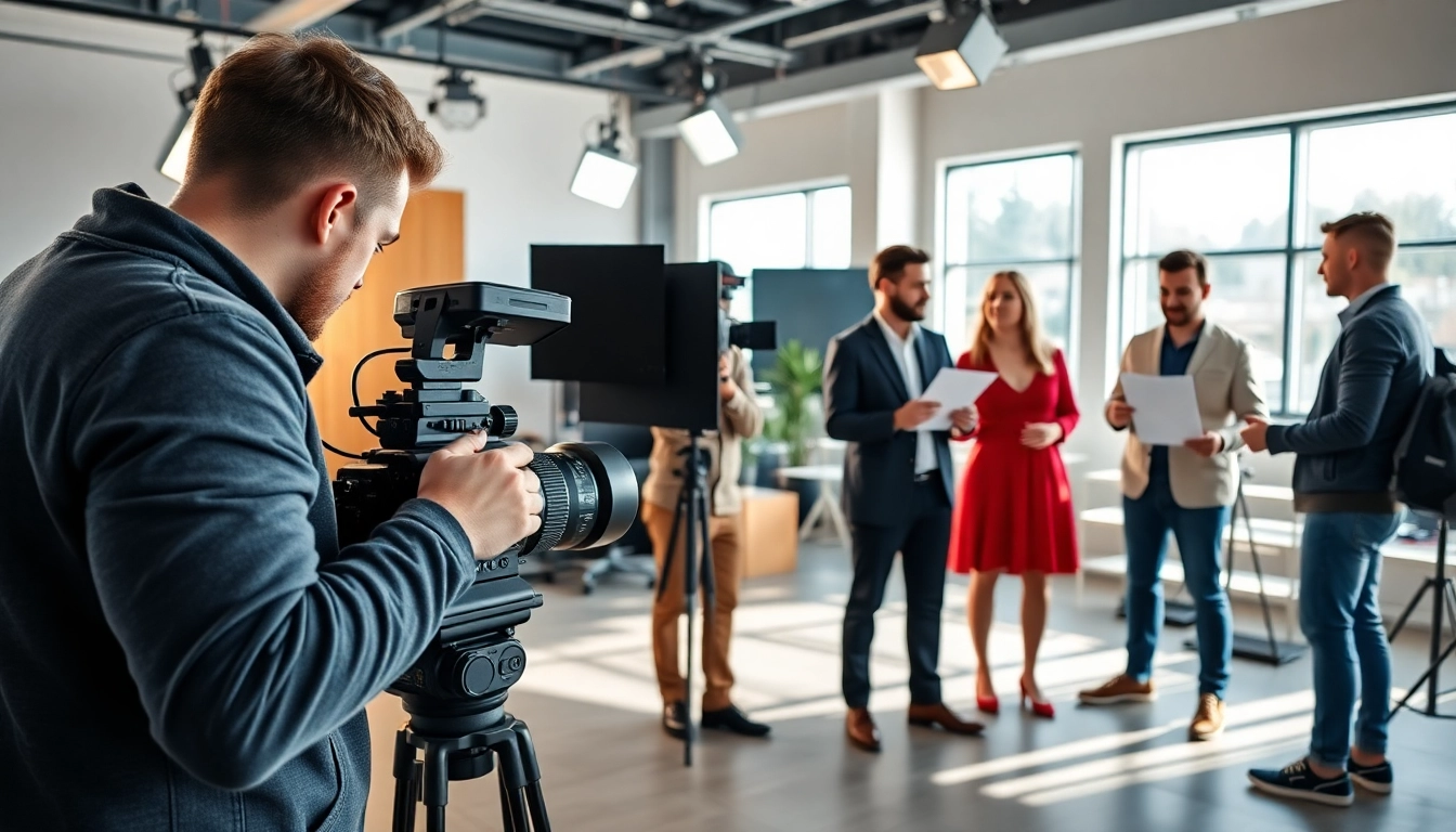 Creatively engaged crew working on video production edmonton project in a modern studio.