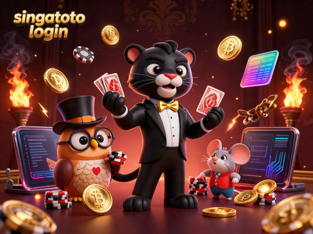 Winning at singatoto login with a tuxedo-clad panther, owl, and lucky mouse amidst casino elements.