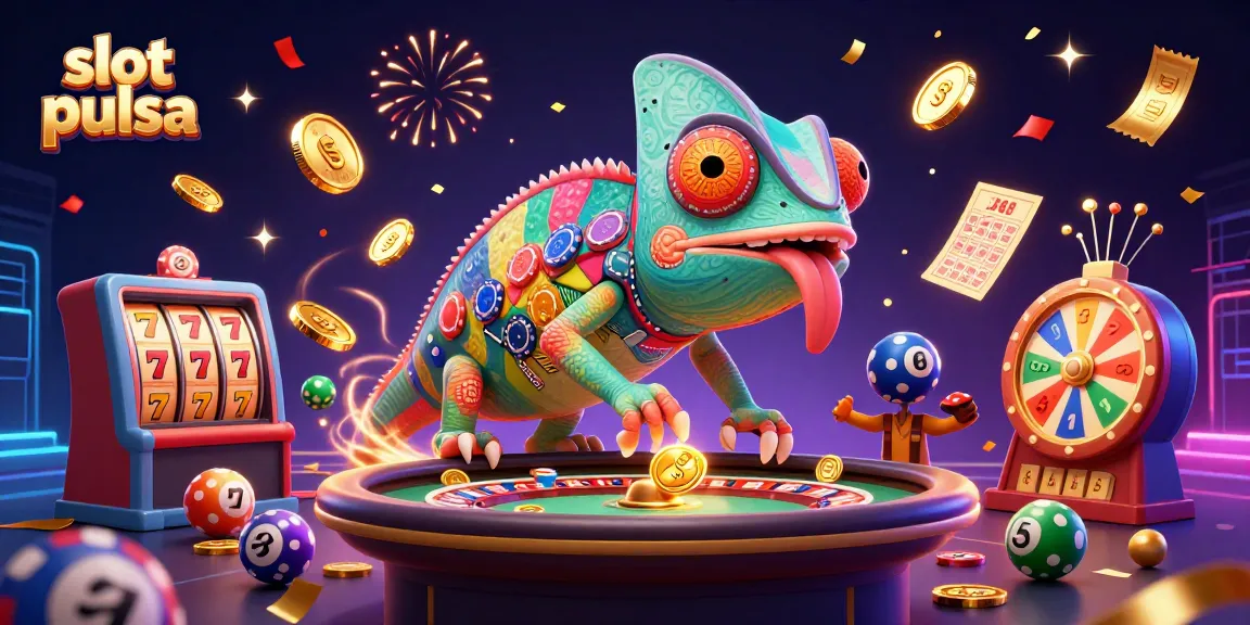 Mainkan slot pulsa dengan chameleon kasino yang menangkap koin emas dalam suasana meriah.