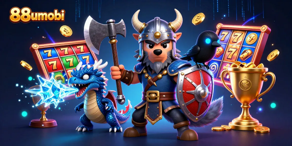 Engage with thrilling gaming elements at 88uumobi featuring a Viking warrior, dragon, and vibrant slot machines.