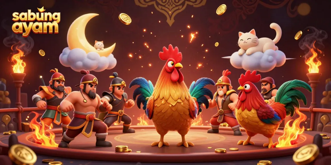 Sabung ayam showcases a vibrant cockfighting arena with warriors battling in a fire-lit ambiance.