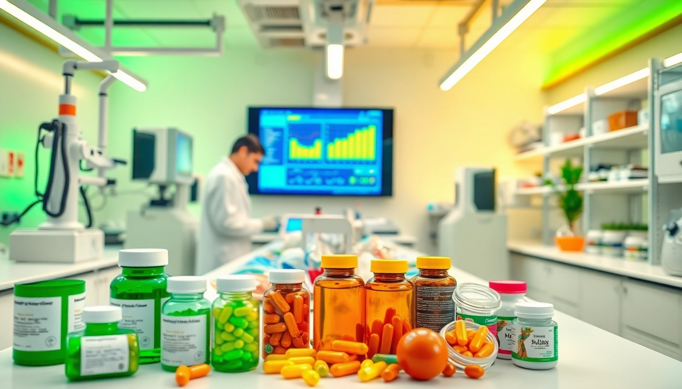 Nutritional supplements and research showcasing total nutrition technology innovation in a vibrant lab setting.