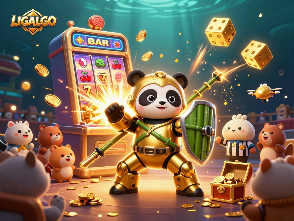 LIGALGO showcases thrilling casino action with a golden panda in an arena filled with excitement.