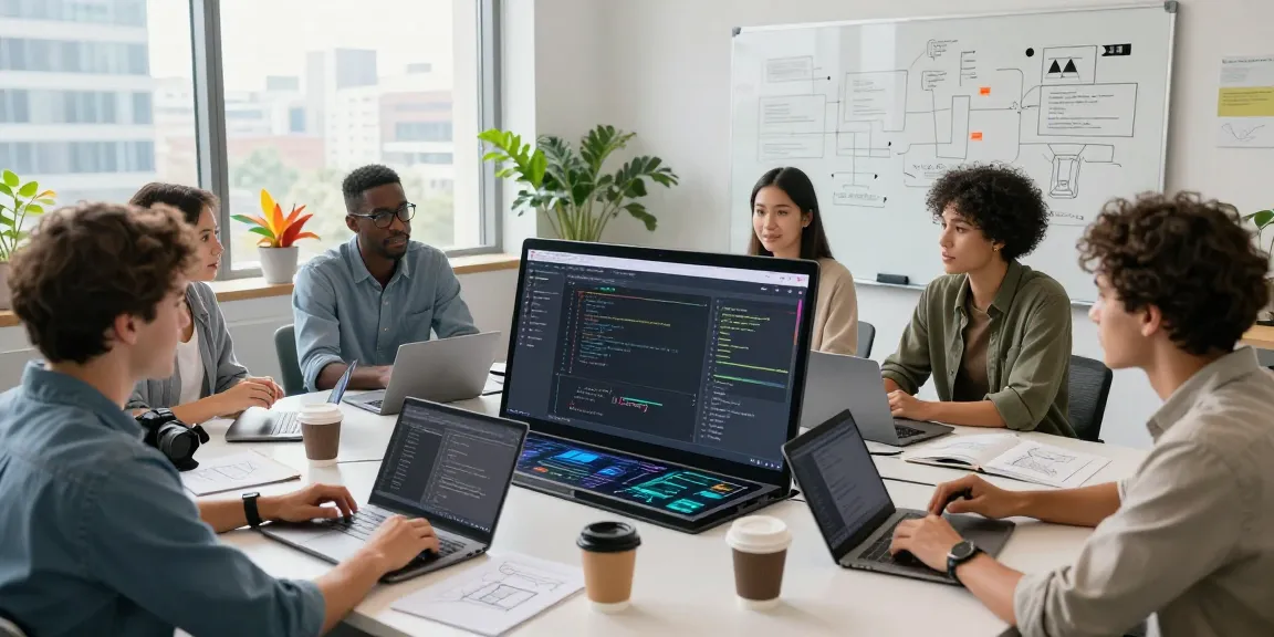 Build internal tools with AI team collaborating on innovative software solutions in modern workspace.
