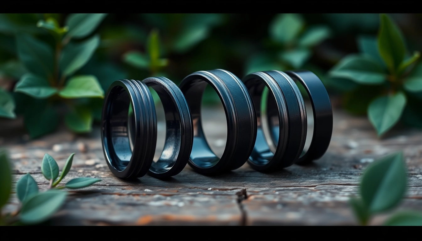Showcase of dark mens wedding bands highlighting unique designs and textures.