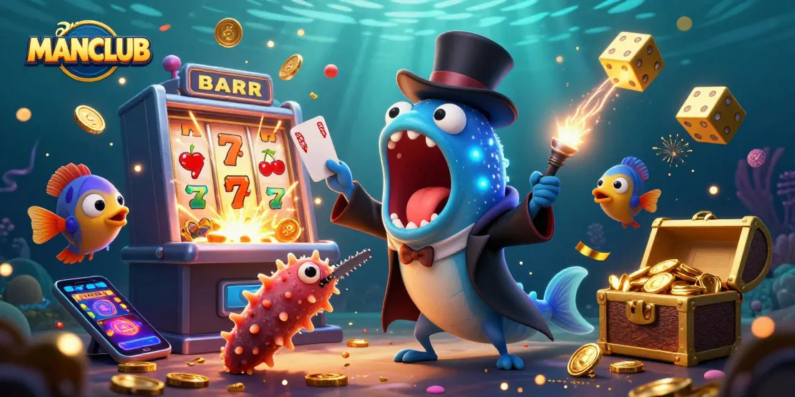 Experience gambling excitement with MANCLUB's vivid underwater casino adventure featuring vibrant characters.