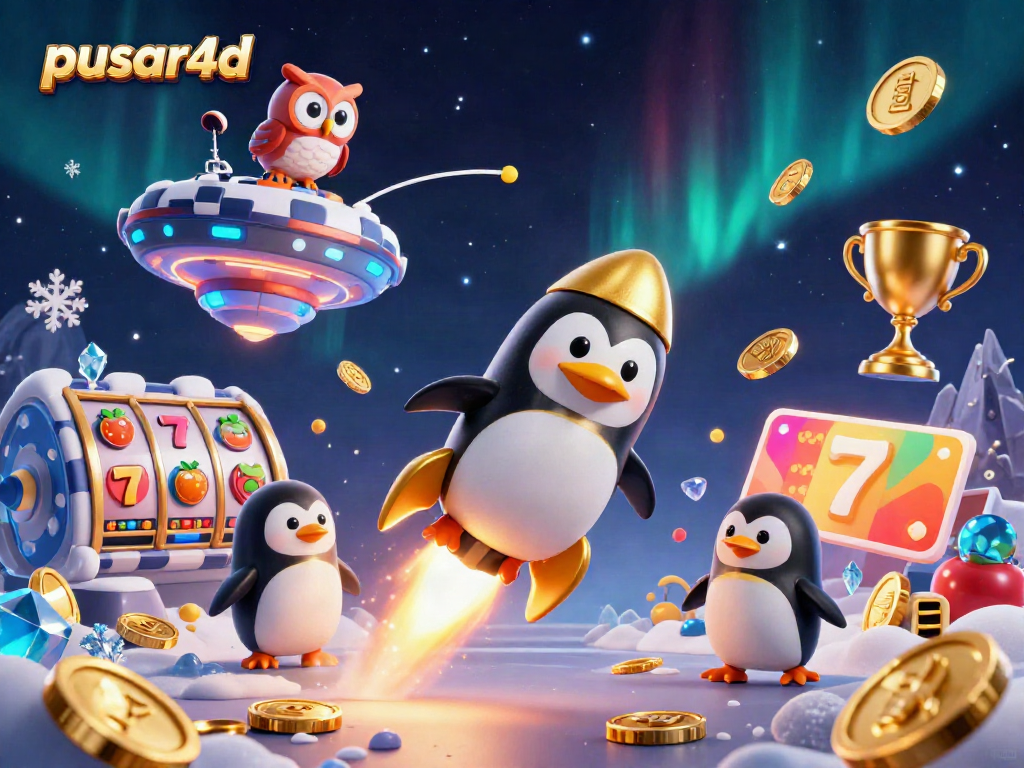 Experience pusar4d with a vibrant and dynamic visual showing a golden penguin and casino elements in space